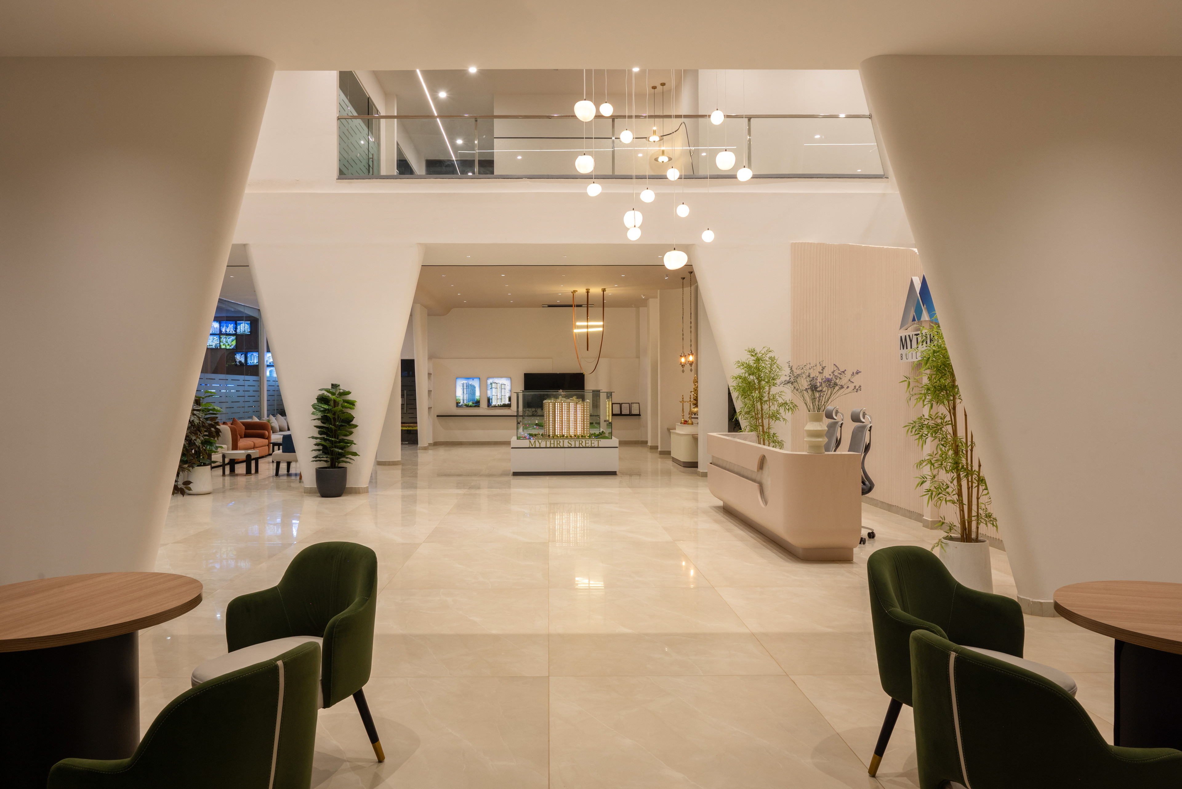 Main atrium with suspended globe pendants